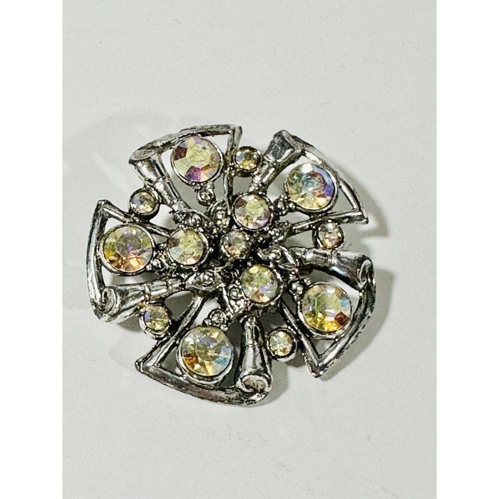 Vintage Crystal Pin Brooch Aurora Borealis Rhinestone Starburst Floral Wedding